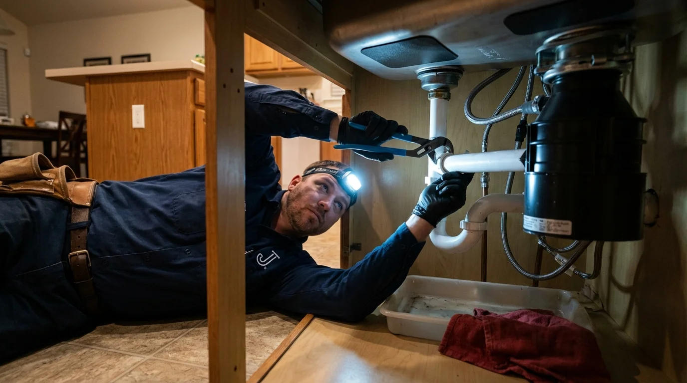 P-trap and supply line connections under a kitchen sink showing a common leak point in Afton, OK